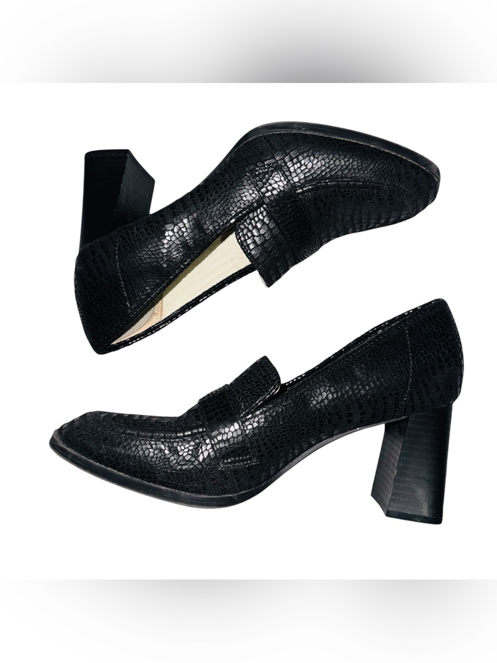Life Stride Black Snake Textured Block Heel Loafers